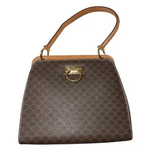 Celine Vintage Macadam Canvas Hand Bag Leather